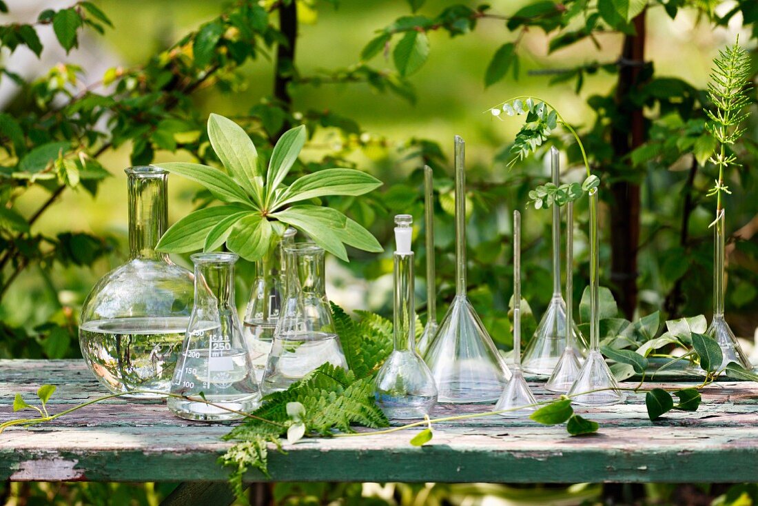 Various glass vases on table outdoors