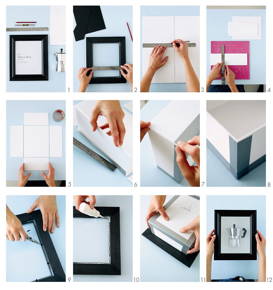 Craft instructions for making an artwork out of an espresso maker, a black picture frame and a polystyrene box