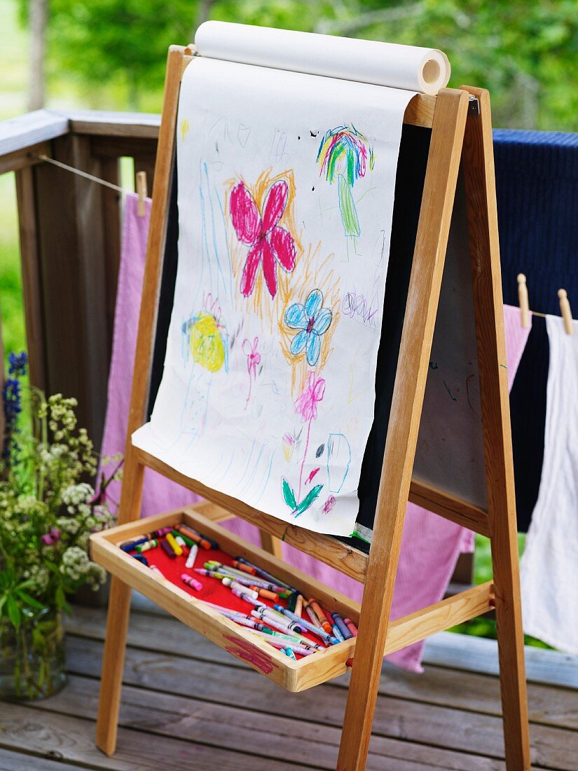 Childs drawings on easel