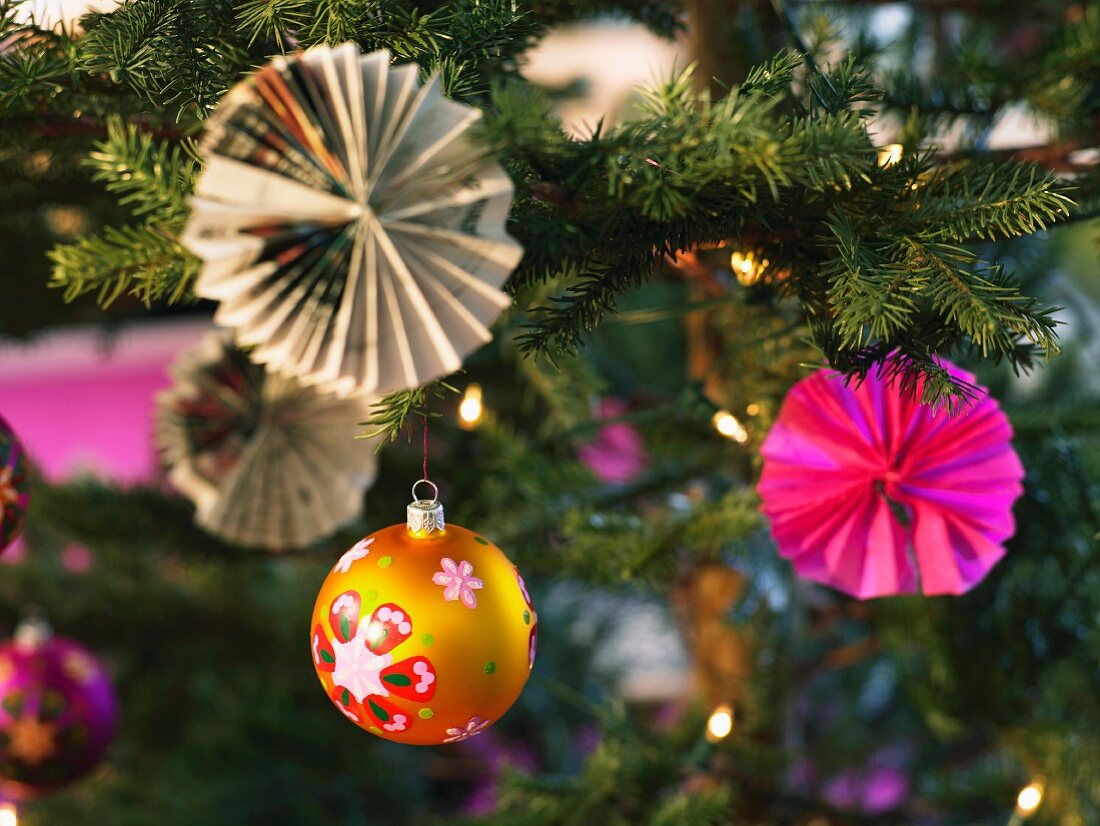 Christmas decorations in a Christmas tree.