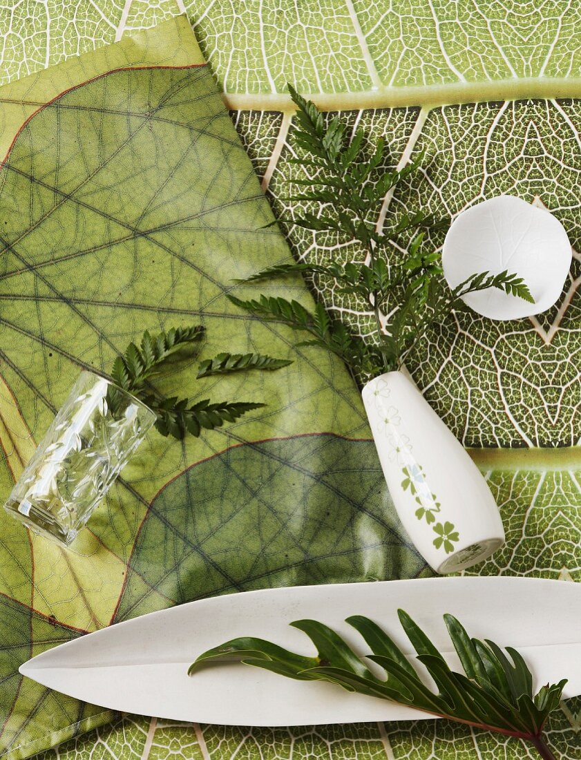 Arrangement of ferns in white vase and white china dishes lying on jungle-patterned fabrics