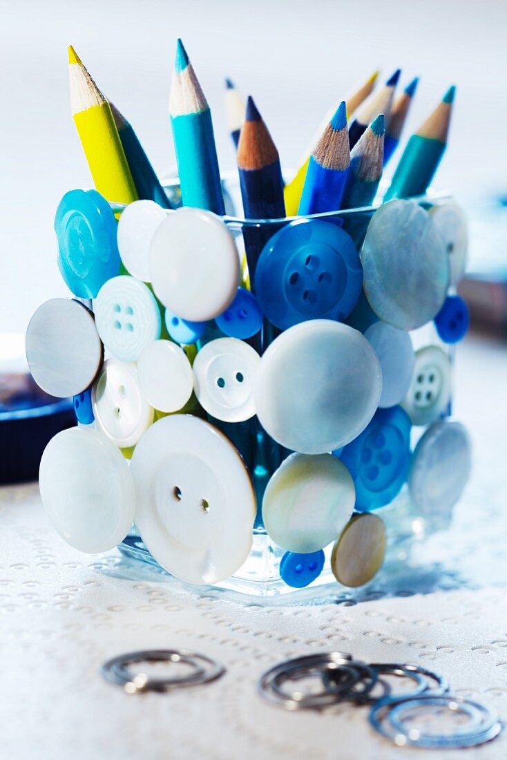 Pencil jar decorated with buttons