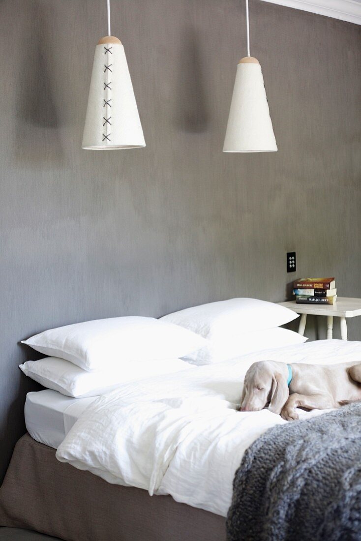 Schlichtes Doppelbett an grauer Wand mit darüberhängenden, tütenförmigen Lampen; auf dem Bett ein schlafender Hund
