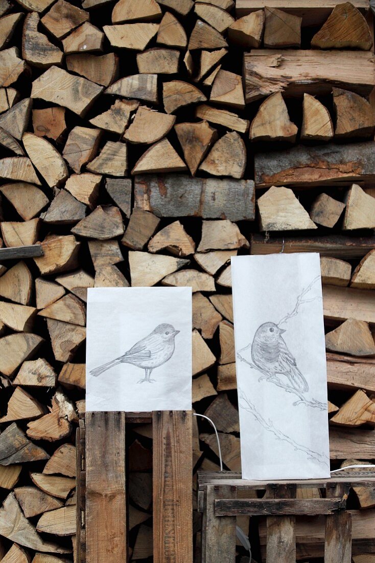 Selbstgefertigte Papierlampenschirme mit gezeichneten Vogelmotiven auf Tisch vor gestapeltem Holzlager