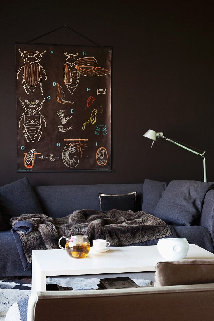 Gemüliches dunkelgraues Polstersofa mit Kuscheldecke vor brauner Wand und Teekanne auf weißem Couchtisch