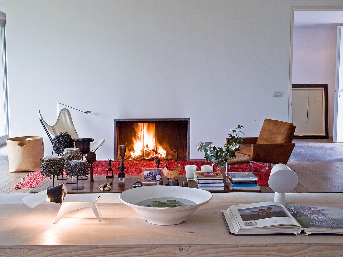 Modern living room with fireplace and wooden accents