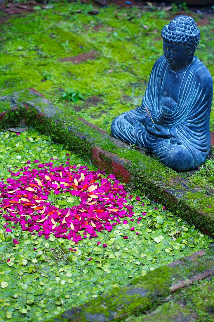 Moosbewachsener Steinfläche mit Blütenblätterdeko & Buddhafigur