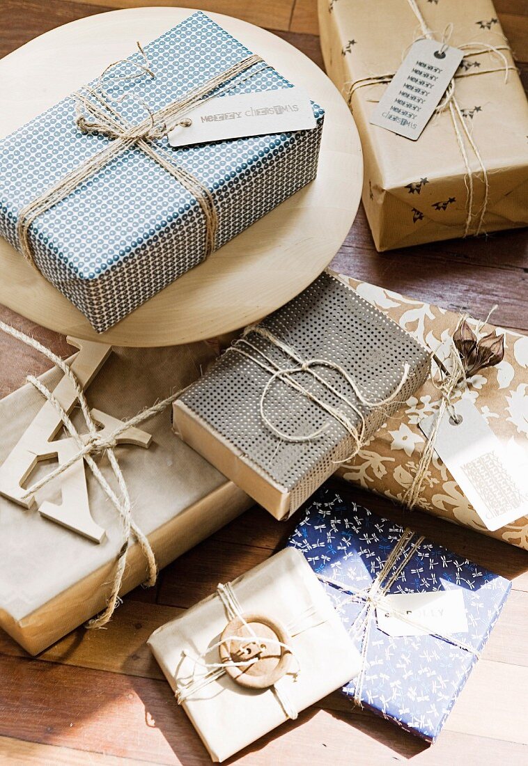 Wrapped gifts with wrapping paper and packing string