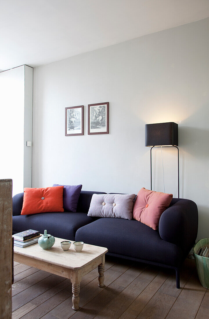 Dark blue sofa with colourful cushions and floor lamp in a living room with wooden floorboards