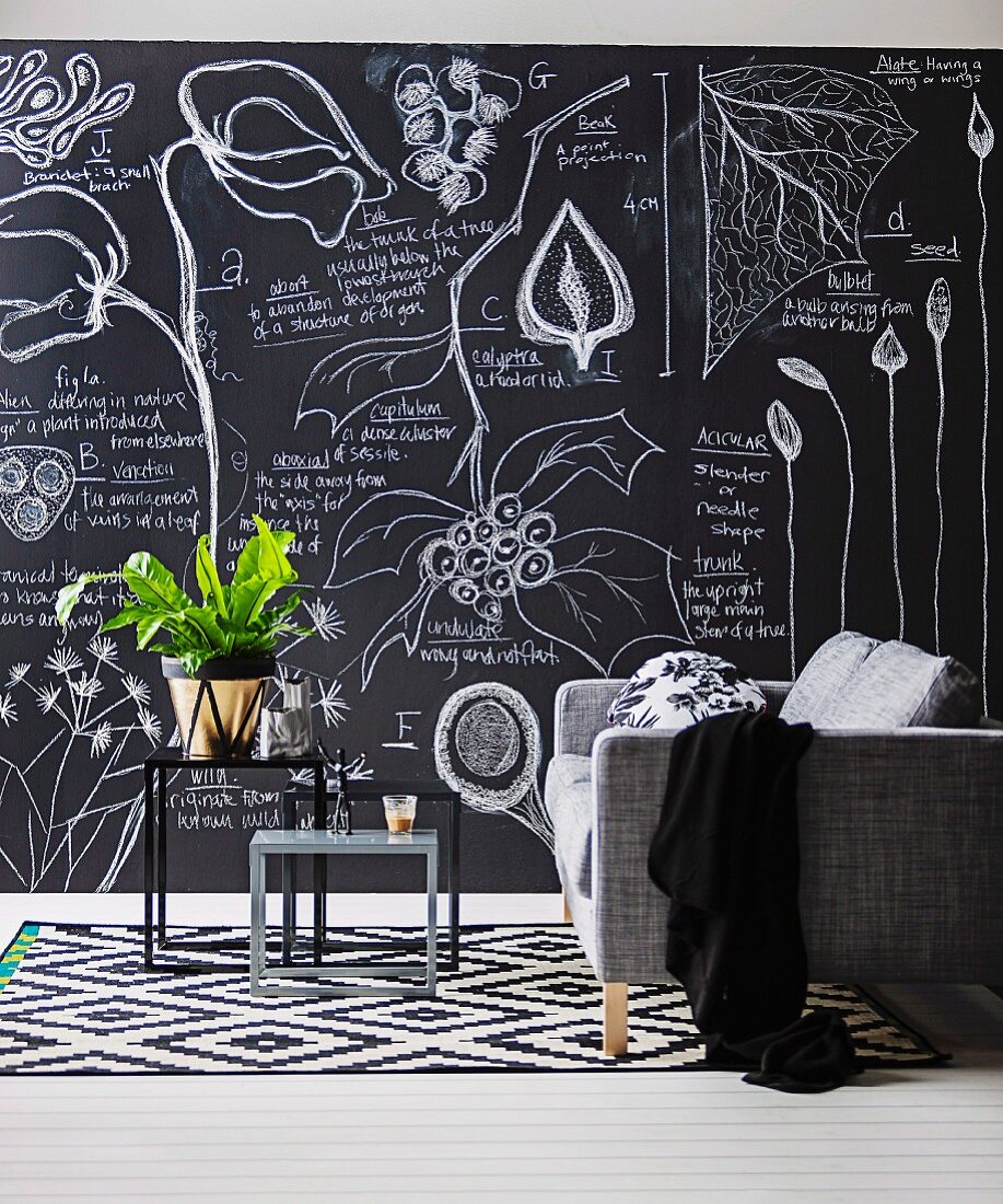 Sofa and nest of side table against blackboard wall covered in labelled drawings