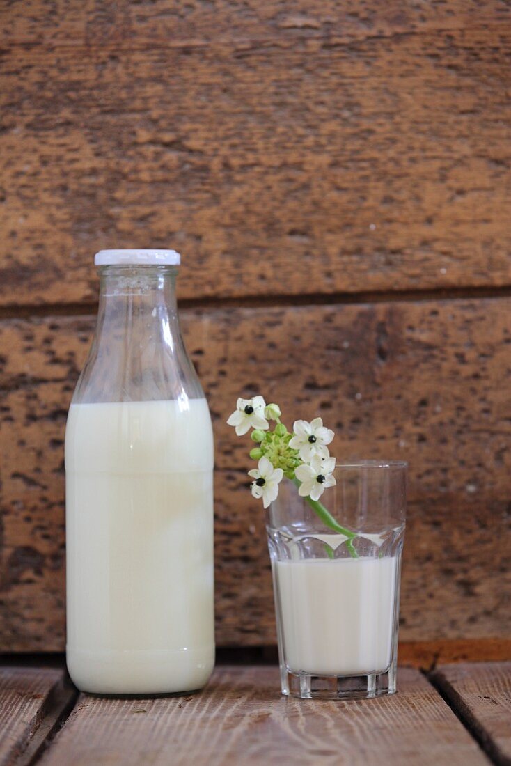 Milchflasche und Milchglas mit Milchstern vor Holzwand