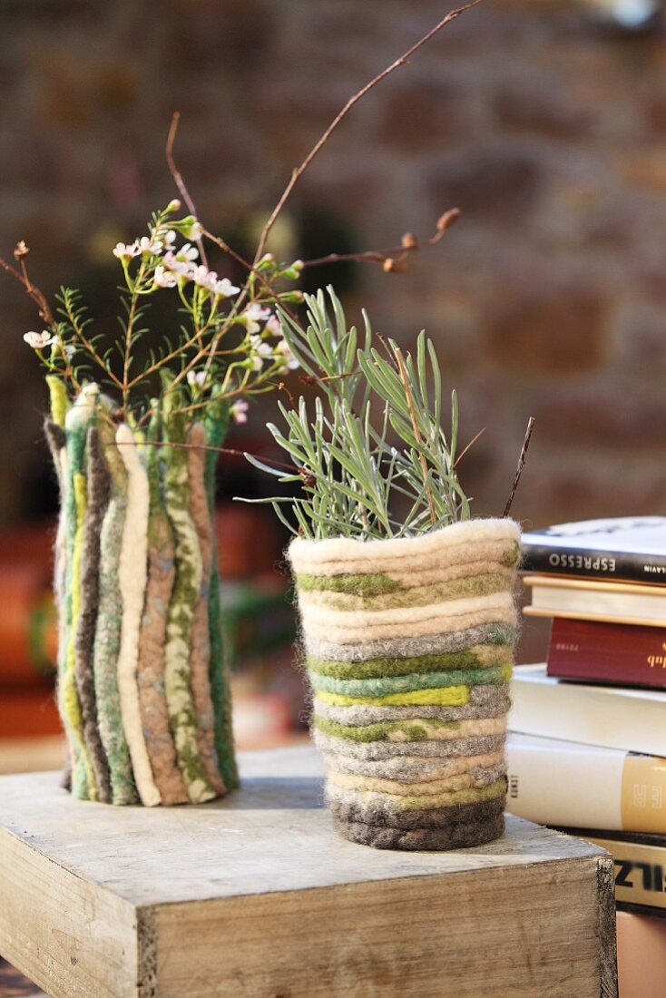 Pots of herbs and flowers with felting wool covers