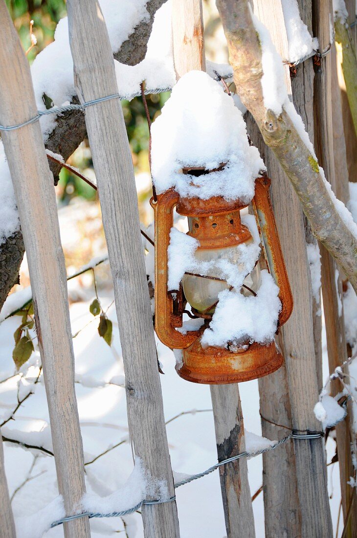 Snow-covered lantern hanging on garden fence