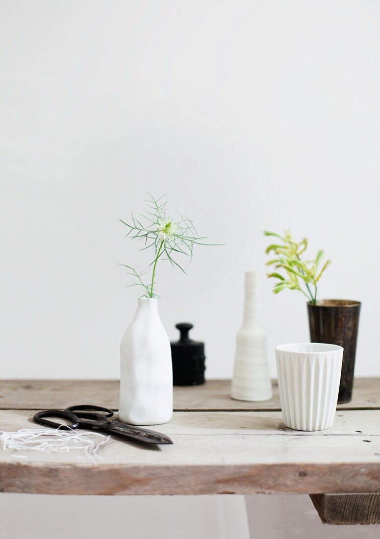 Single flower stems (Nigella damascena) in white and black vases on minimalist-style, rustic wooden table