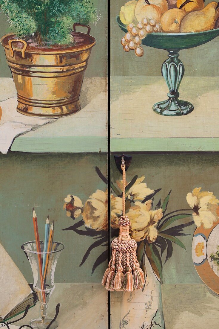 Hand-painted cabinet with key and tassel (detail)