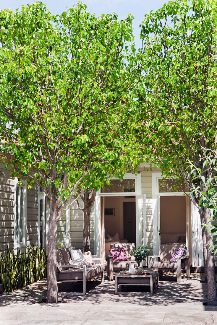 Sonnenbeschienener Terrassenplatz mit Outdoorsesseln und Tisch unter Bäumen vor Wohnhaus in patioartigem Hof