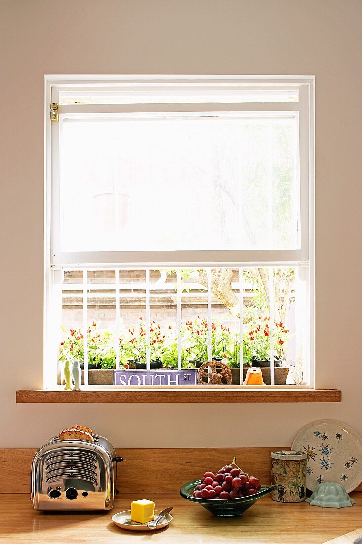 Retro toaster and fruit bowl on kitchen counter below window with grille and half-closed roller blind; flowers in window box outside