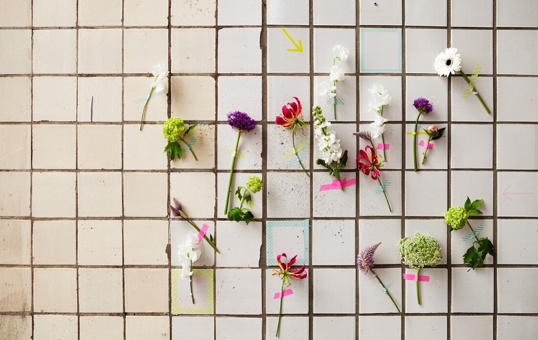 Sommerblumen mit Masking Tapes an geflieste Wand geklebt