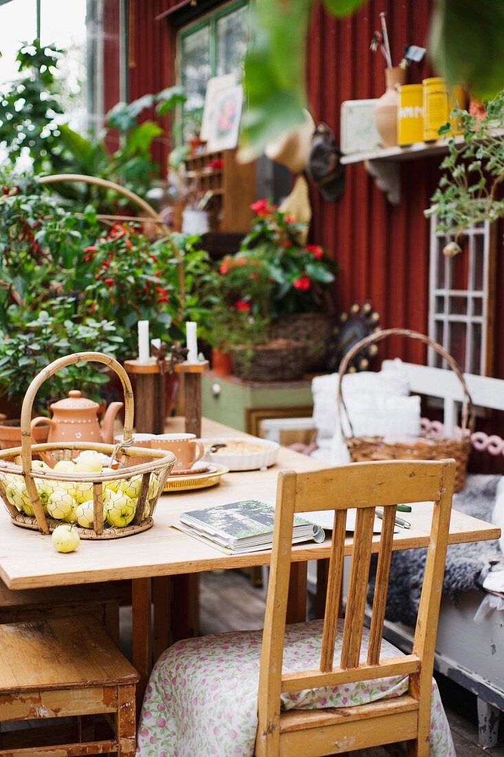 Äpfel im Korb auf Holztisch und alte Küchenstühle vor Holzhäuschen