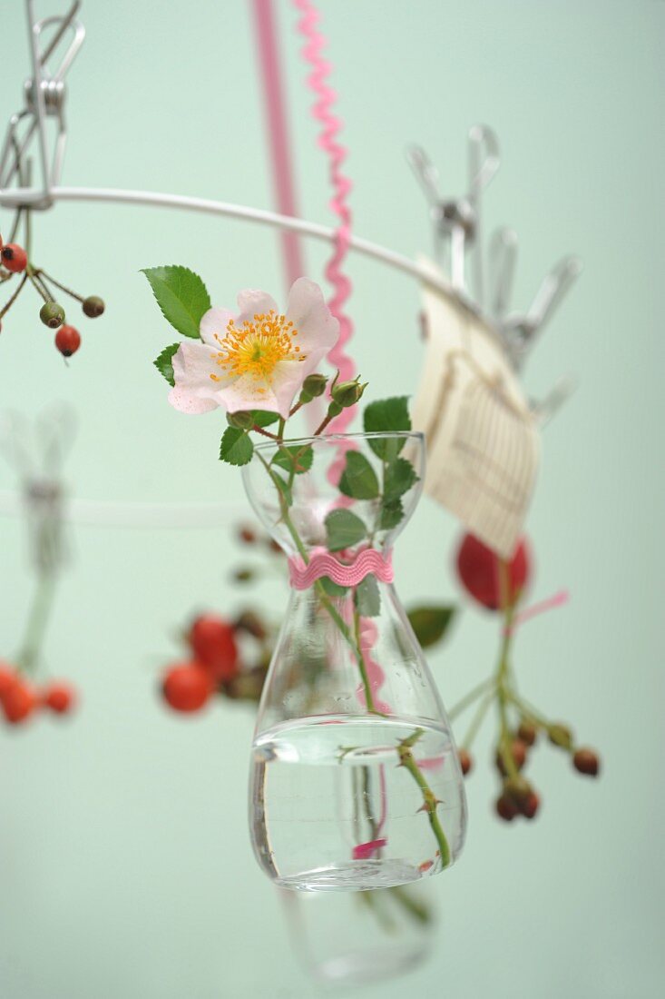 Sprigs delicate wild roses in tiny glass bottles hanging from white metal wreath