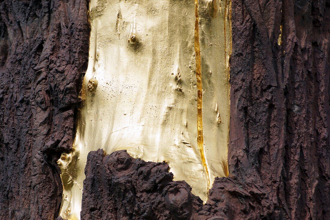 A tree trunk, bark partially removed and gilded