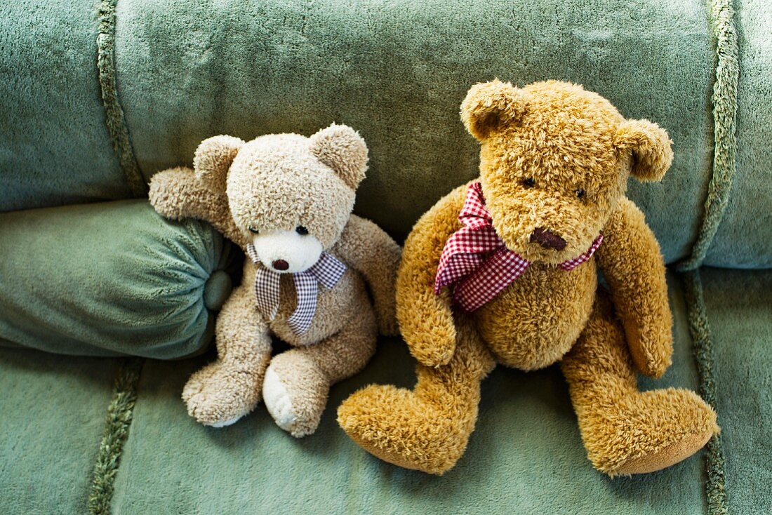 Two teddy bears on sofa