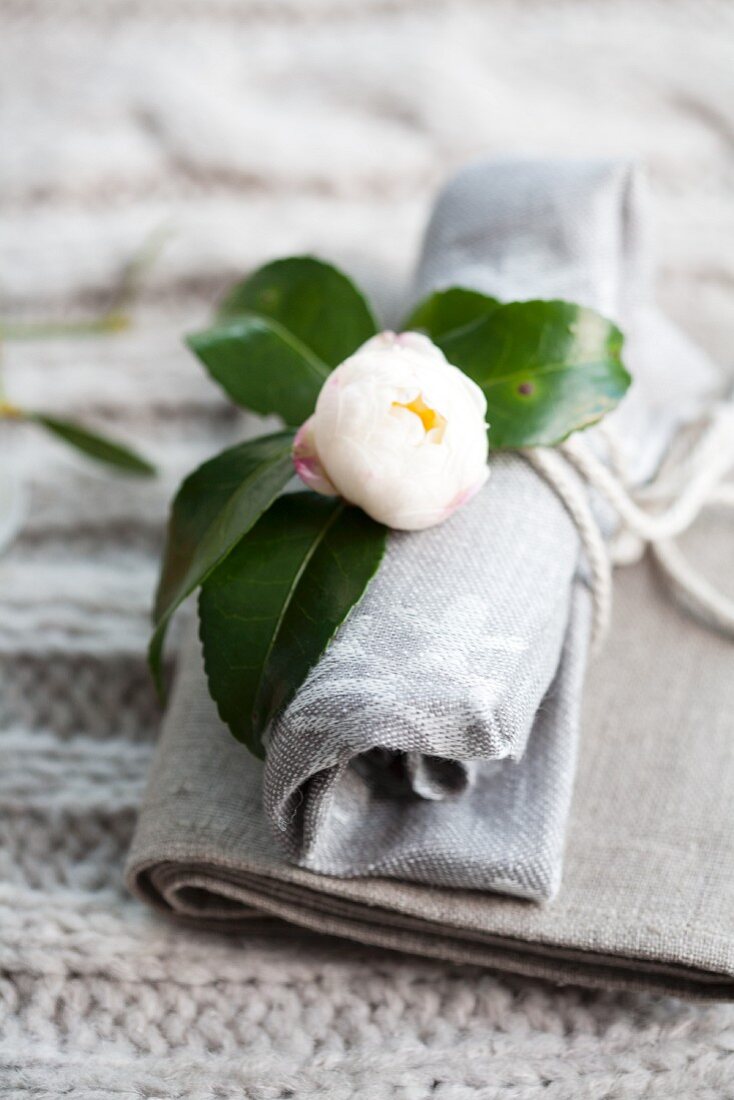 weiße Gardenienblüte als Tischdeko auf gerollter Leinenserviette