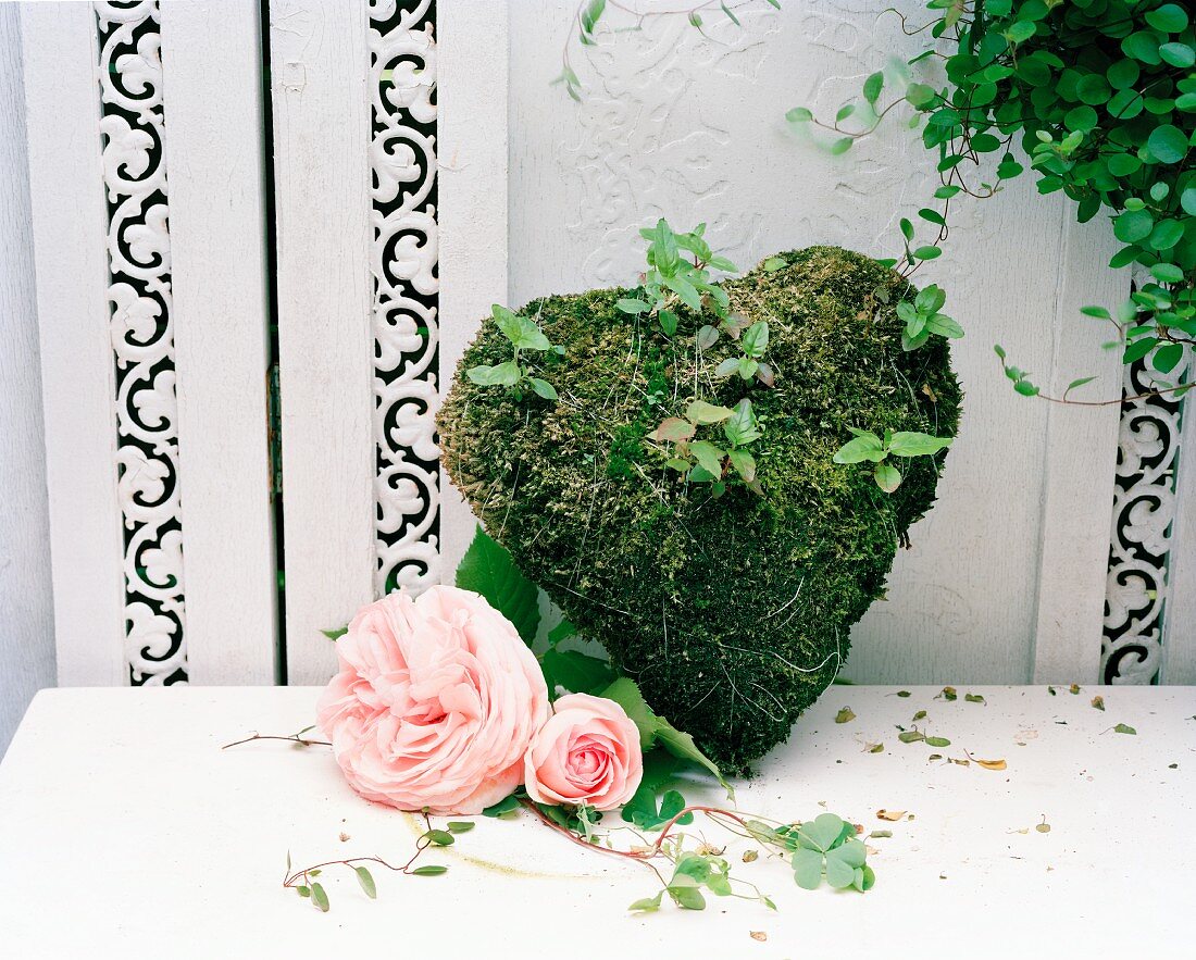 Moss heart and pink roses