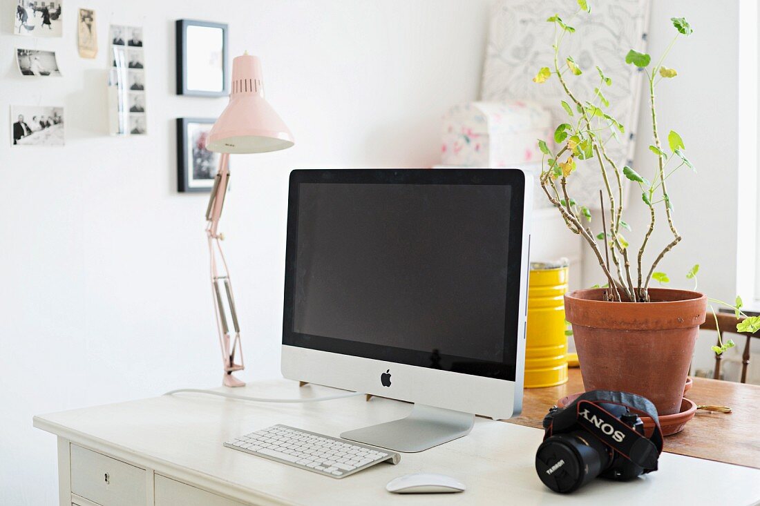 Computer und Klemmlampe auf weißem Schreibtisch, dahinter Zimmerpflanze im Tontopf