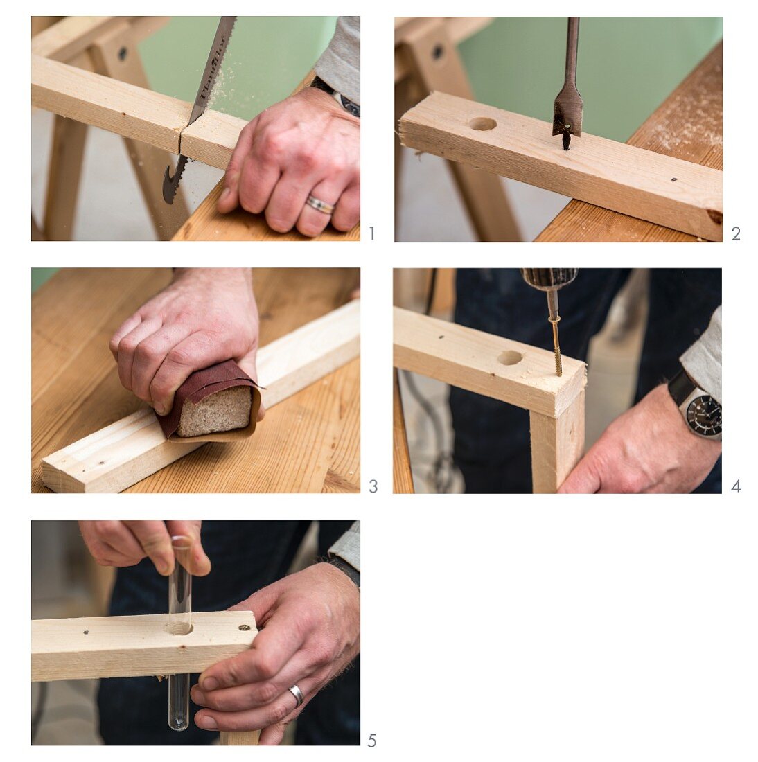 Handwerkliche Anleitung zur Herstellung eines Vasenständers aus Holzlatte und Reagenzgläsern