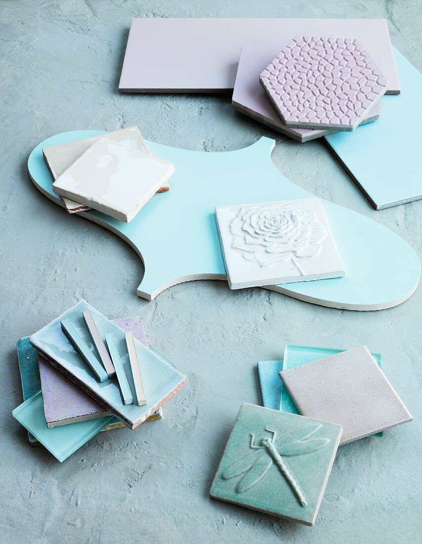 Tiles of different shapes in pale blue and lilac
