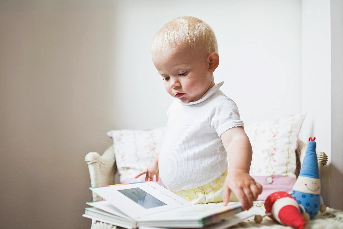 A toddler looking at a picture book