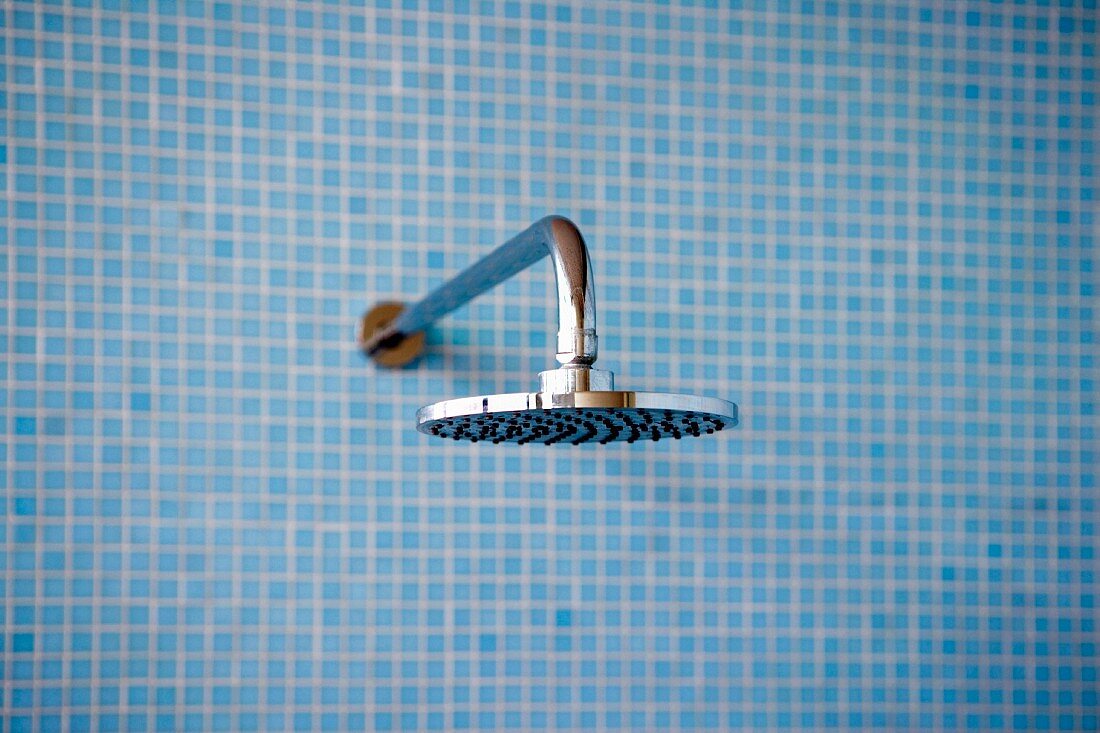 Kopfbrause an Wand mit blauen Mosaikfliesen
