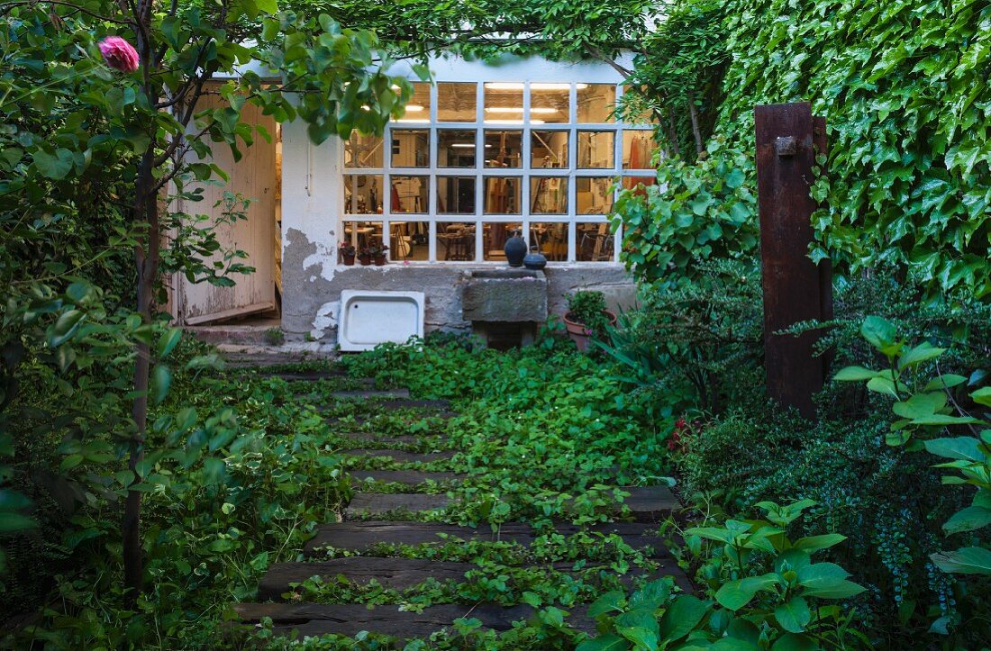 Bewachsene Holzbohlen auf Boden im Garten vor Wohnhaus mit Sprossenfenster und verwitterte Fassade