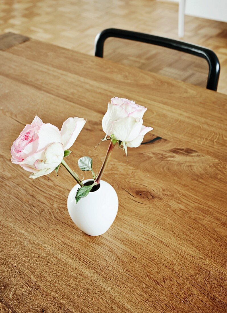Zwei Rosen in kleiner, weisser Retro Vase auf Holztisch