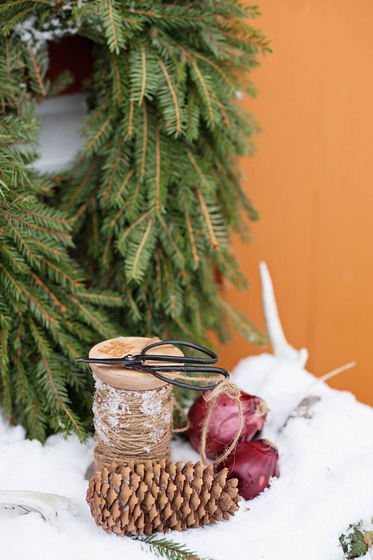 Scissors, twine, pine cones and red onions in snow