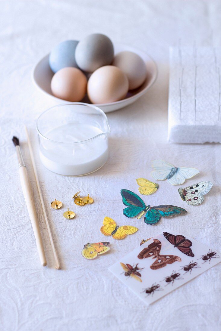Bastelutensilien zum Bekleben der Eier, Schmetterlingsmotive neben Pinsel und Kleber im Glasbehälter