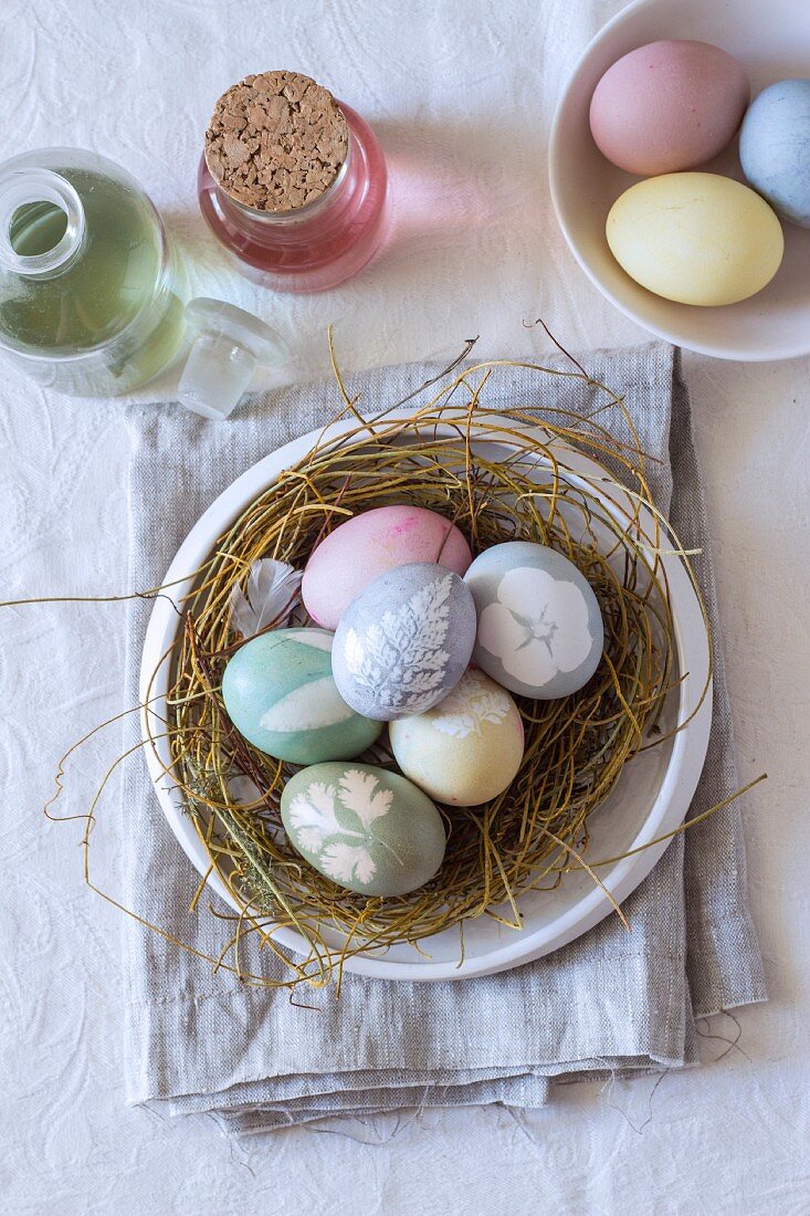 Easter nest of eggs dyed using natural dyes