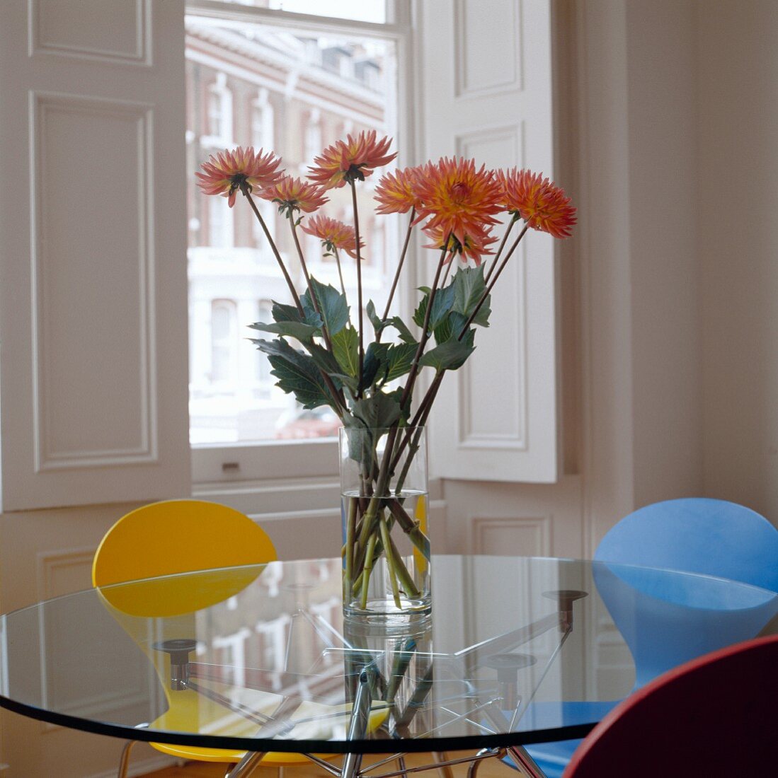 Orangefarbene Blumen in Glasvase auf Tischplatte aus Glas und farbige Stühle vor Fenster