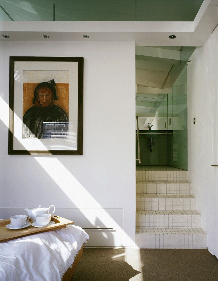 Breakfast in bed and view into the bathroom ensuite above the stairs