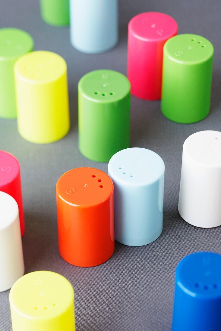 Colourful salt and pepper shakers