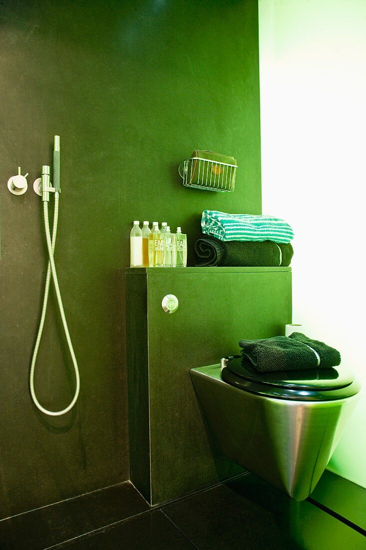 WC aus Edelstahl vor grün getönter Abmauerung und Badutensilien neben Handbrause