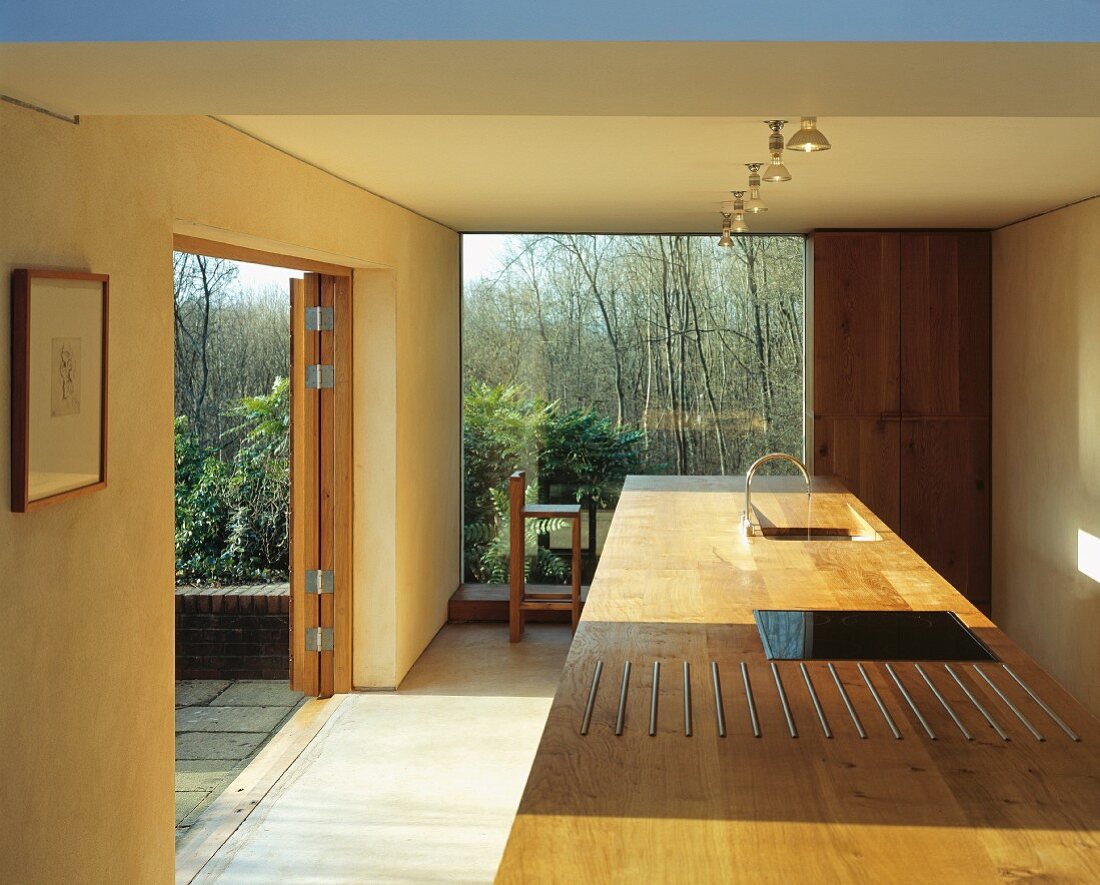 Zeitgenössische Architektur mit raumhohem Terrassenfenster und freistehendem Küchenblock mit Holzarbeitsplatte
