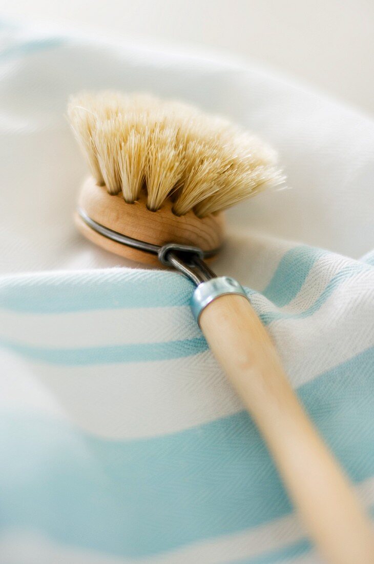 Washing-up brush on tea-towel