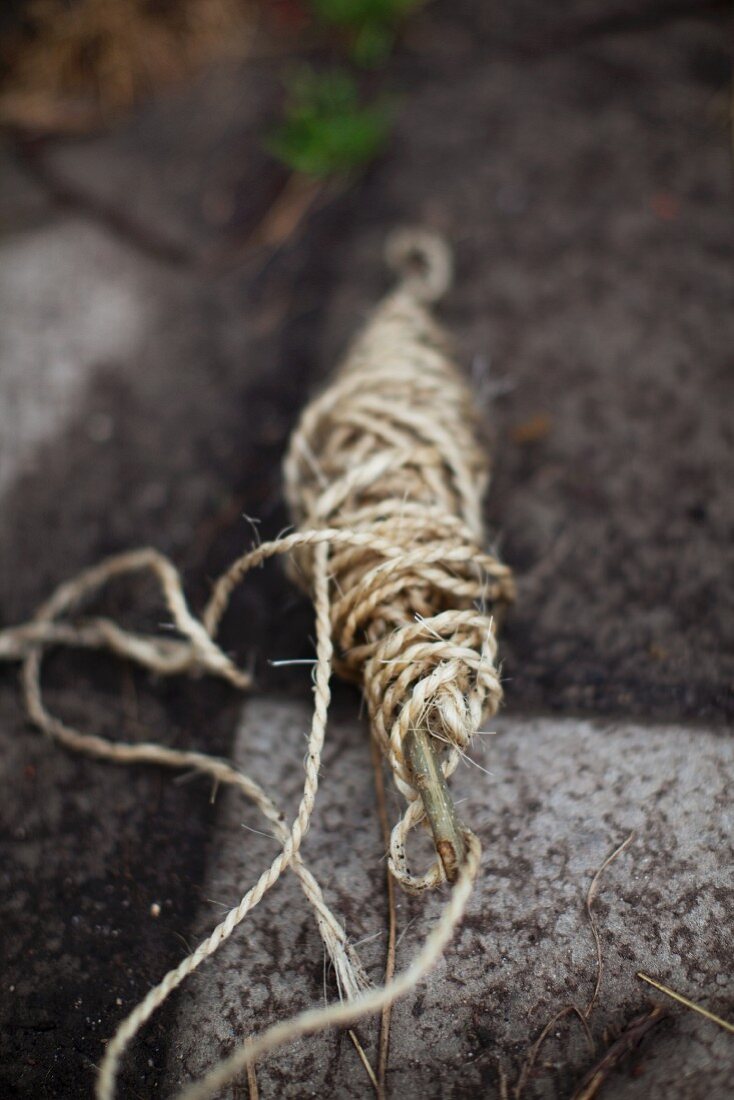 A roll of twine in a garden