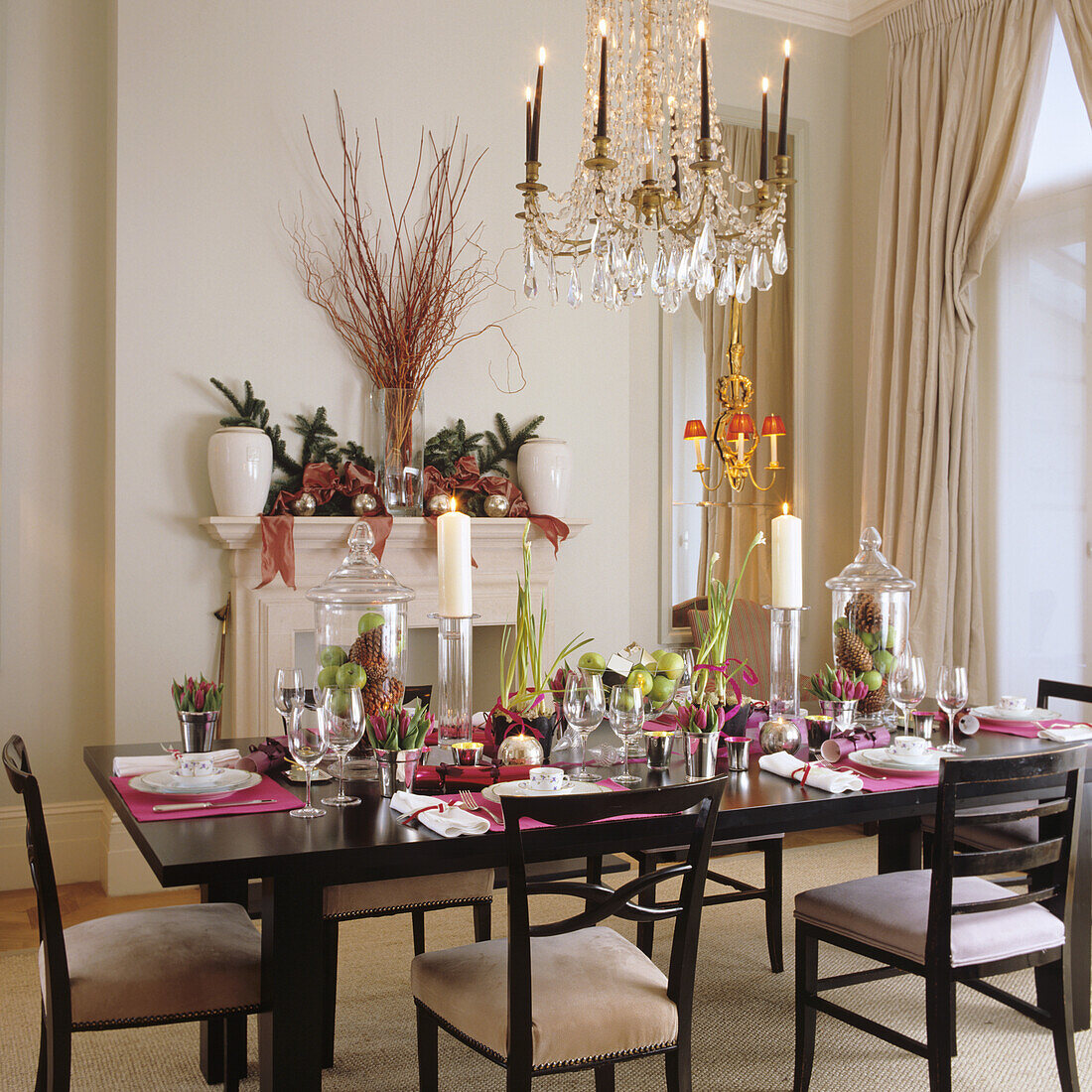 Set dining table, crystal chandelier and festive decorations