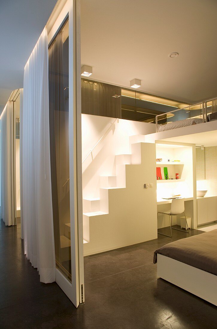 Rooms in modern designer-style with glass sliding walls and curtains; gallery with cubic samba stairs