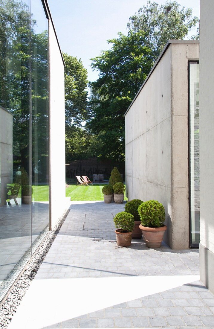 Paved path around modern, concrete pavilion and view into garden