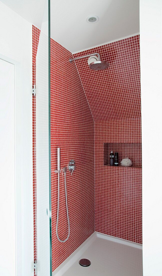 Dusche mit roten Mosaikfliesen an Wand