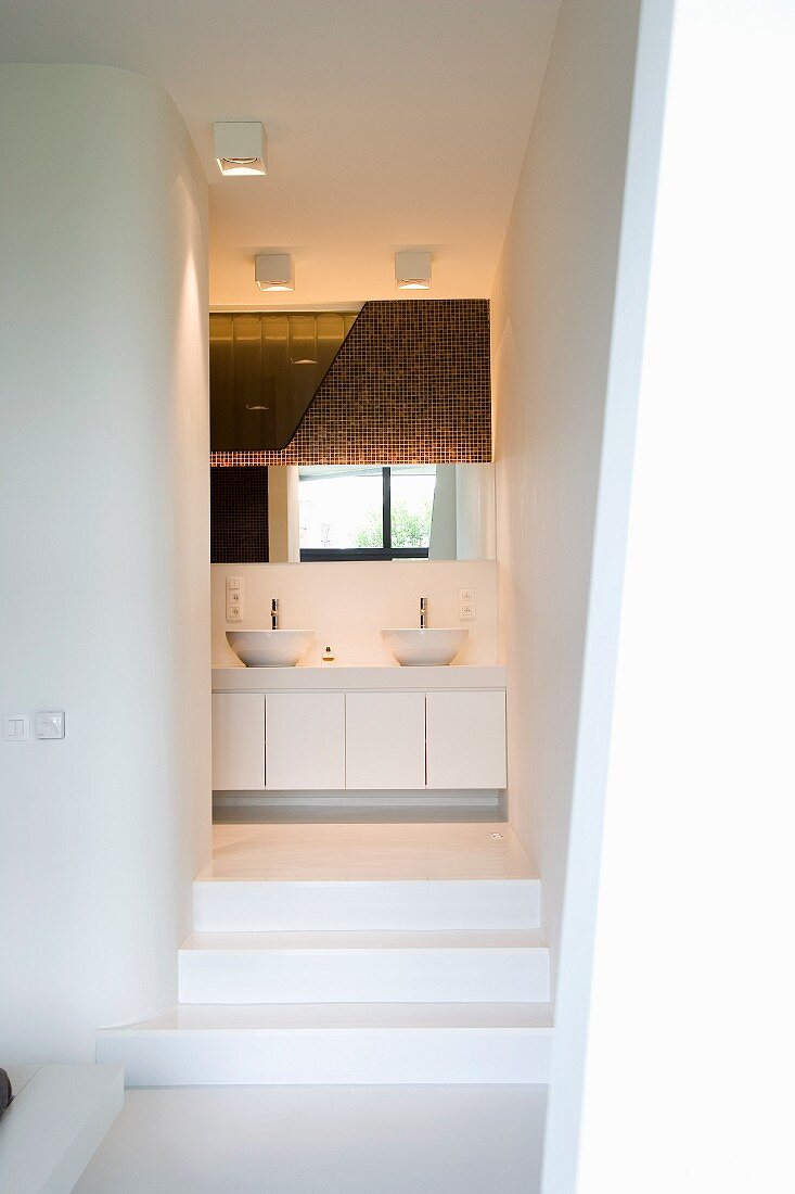Steps leading to white ensuite bathroom with view of base cabinets with twin washbasins